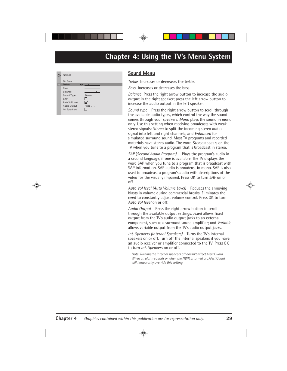 Chapter 4: using the tv’s menu system, Chapter 4 29, Sound menu | RCA Alert Guard 24F671T User Manual | Page 33 / 64