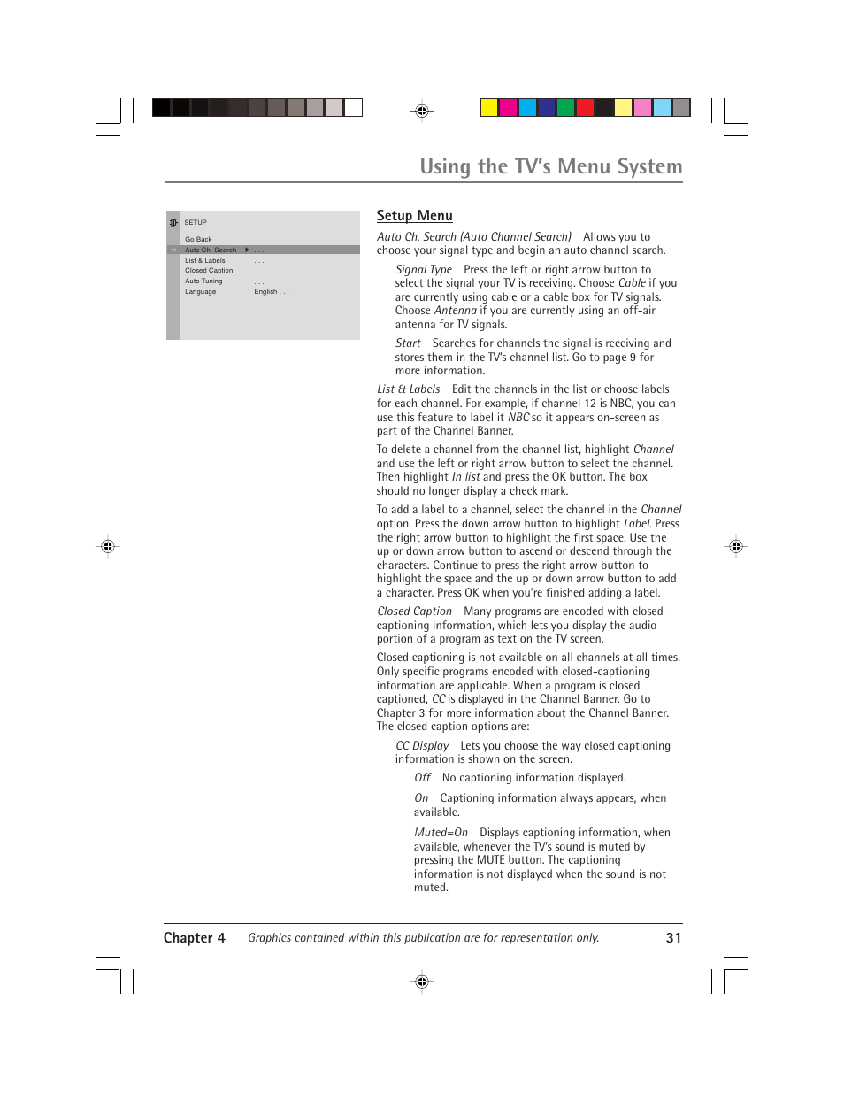 Using the tv’s menu system, Chapter 4 31, Setup menu | RCA Alert Guard 24F671T User Manual | Page 35 / 64