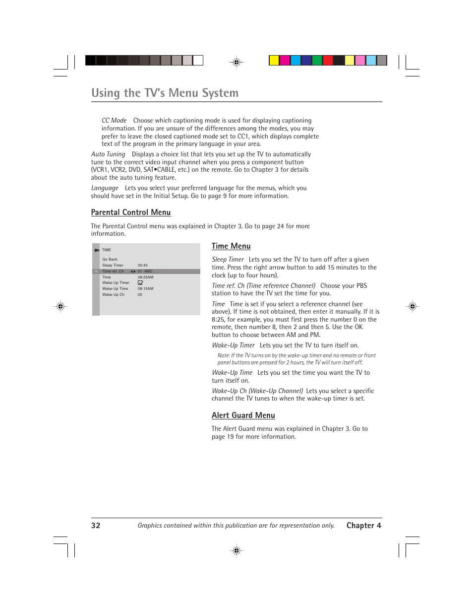 Using the tv’s menu system, 32 chapter 4, Parental control menu | Time menu, Alert guard menu | RCA Alert Guard 24F671T User Manual | Page 36 / 64