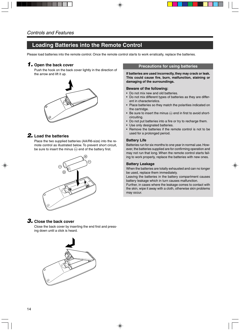 Loading batteries into the remote control, Controls and features | RCA DLA-SX21U User Manual | Page 14 / 58