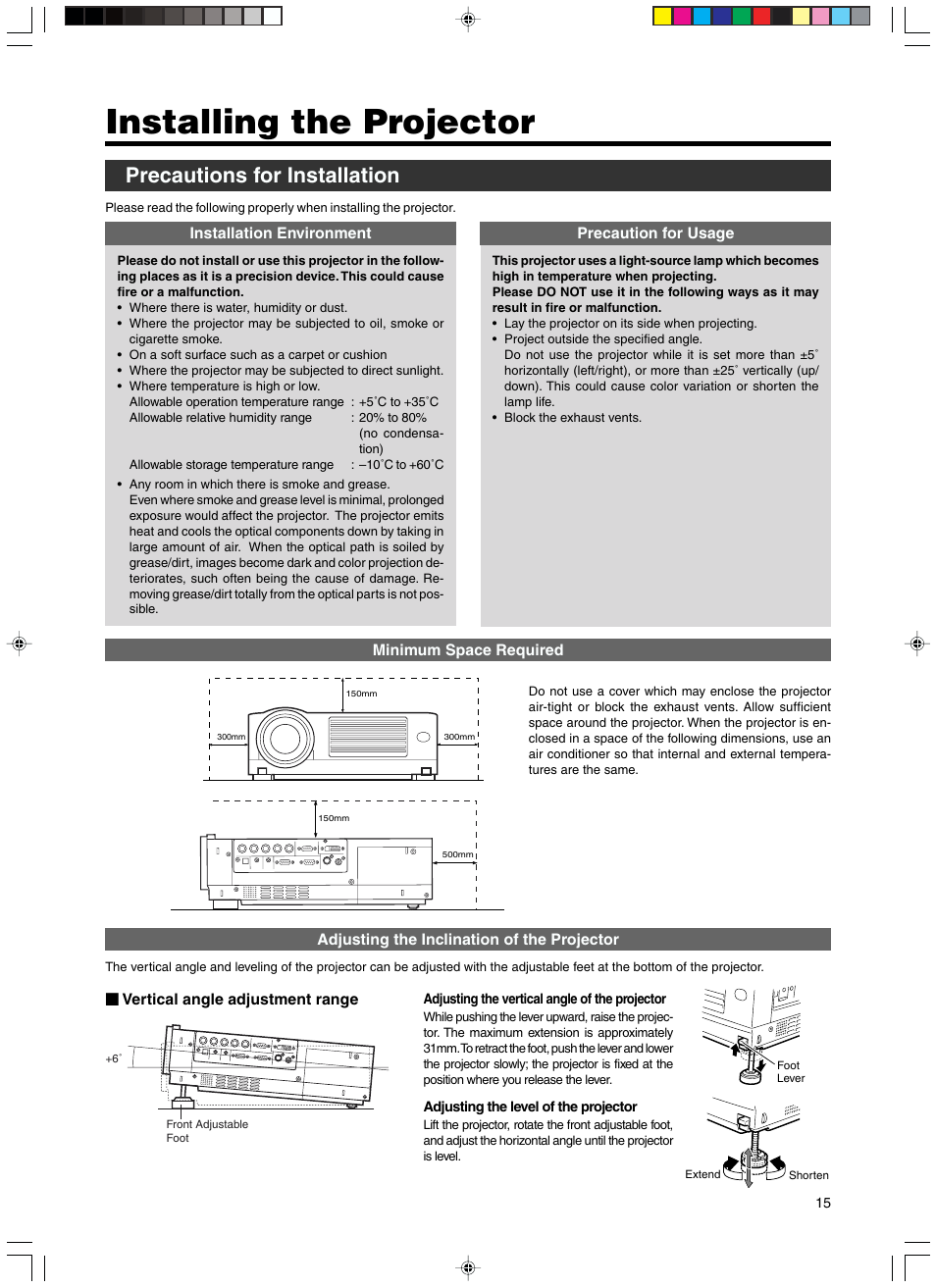 Installing the projector, Precautions for installation | RCA DLA-SX21U User Manual | Page 15 / 58
