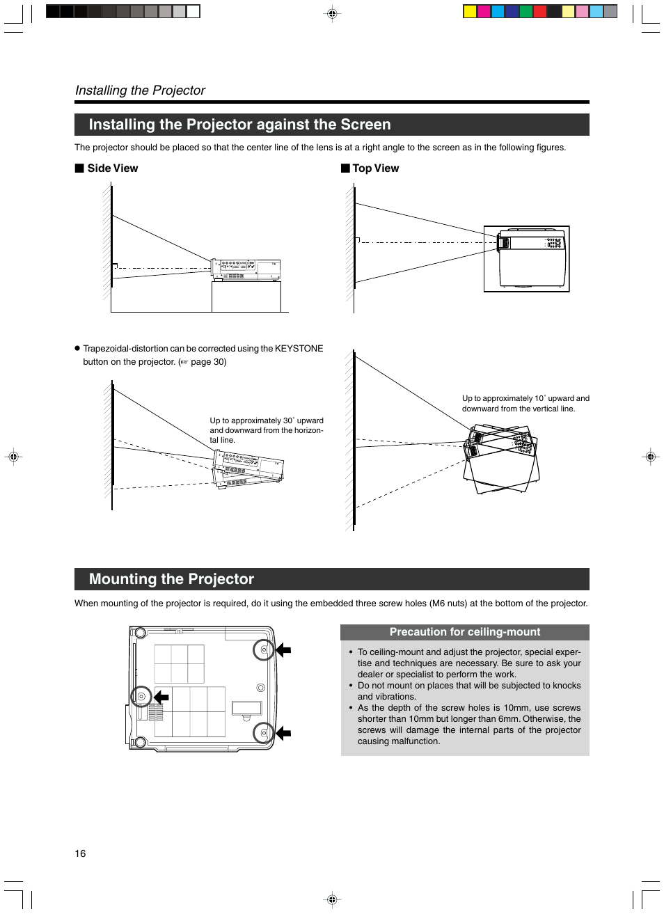 Installing the projector against the screen, Mounting the projector, Installing the projector | RCA DLA-SX21U User Manual | Page 16 / 58