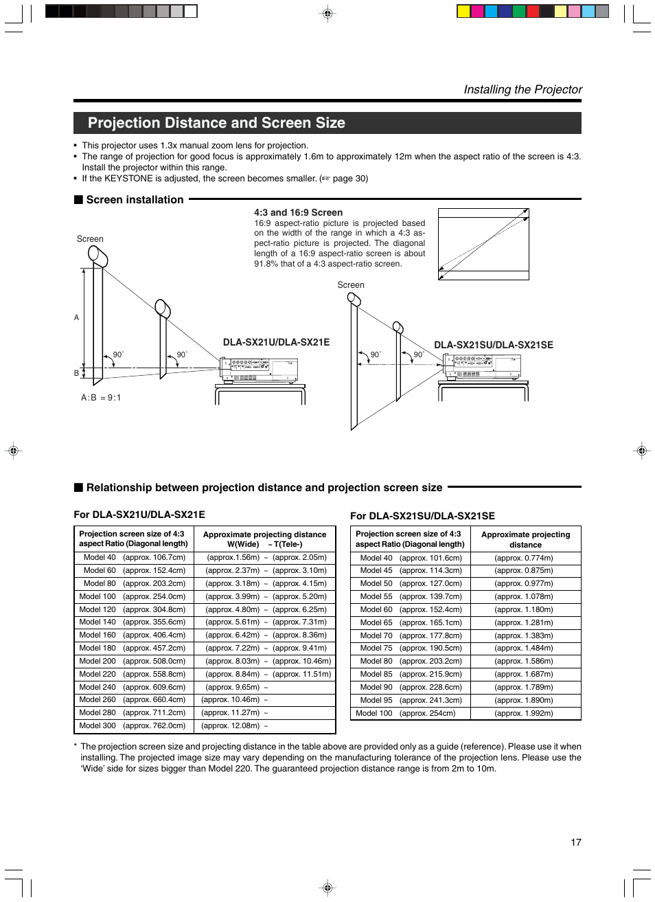 Projection distance and screen size, Installing the projector | RCA DLA-SX21U User Manual | Page 17 / 58