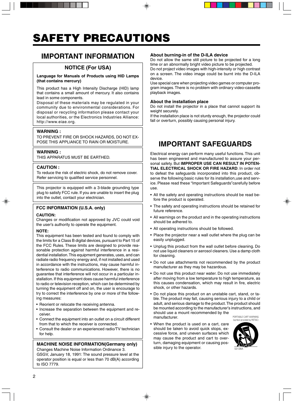 Safety precautions, Important information, Important safeguards | RCA DLA-SX21U User Manual | Page 2 / 58