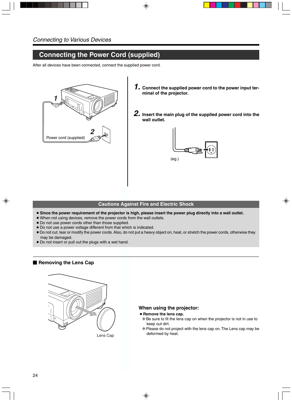 Connecting the power cord (supplied), Connecting to various devices | RCA DLA-SX21U User Manual | Page 24 / 58