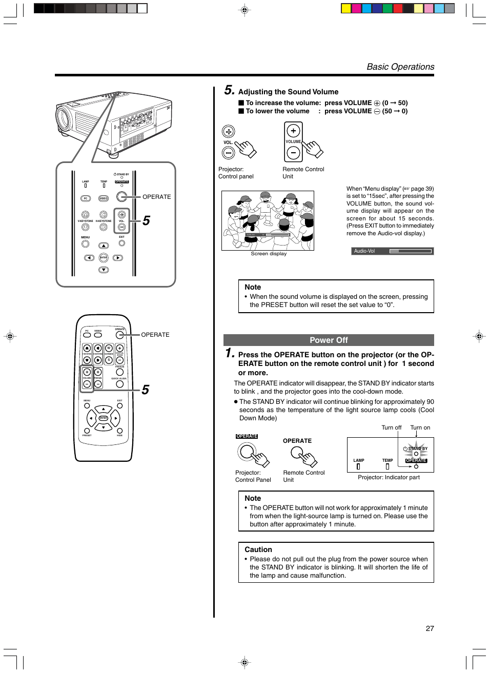W power off, Basic operations, Power off | Adjusting the sound volume, Caution | RCA DLA-SX21U User Manual | Page 27 / 58