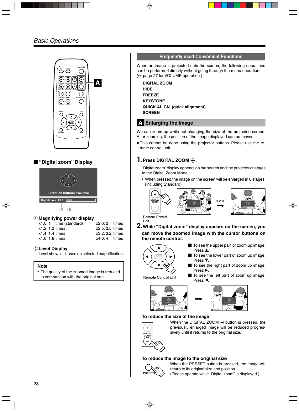 Frequently used convenient functions, Enlarging the image, Basic operations | Digital zoom” display | RCA DLA-SX21U User Manual | Page 28 / 58