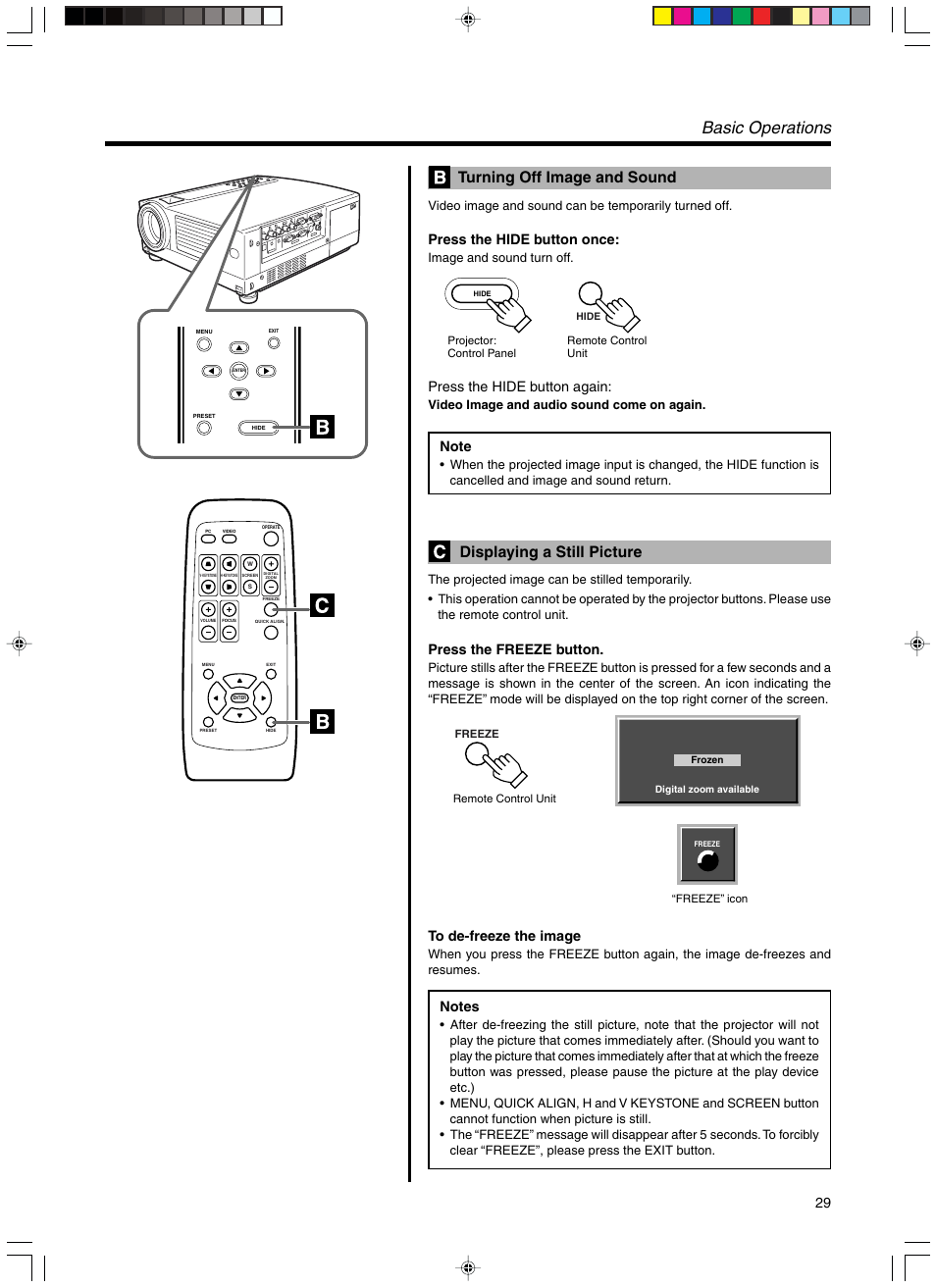Turning off image and sound, W displaying a still picture, Basic operations | Displaying a still picture, Press the hide button once, Press the hide button again, Press the freeze button, Image and sound turn off, Video image and audio sound come on again | RCA DLA-SX21U User Manual | Page 29 / 58