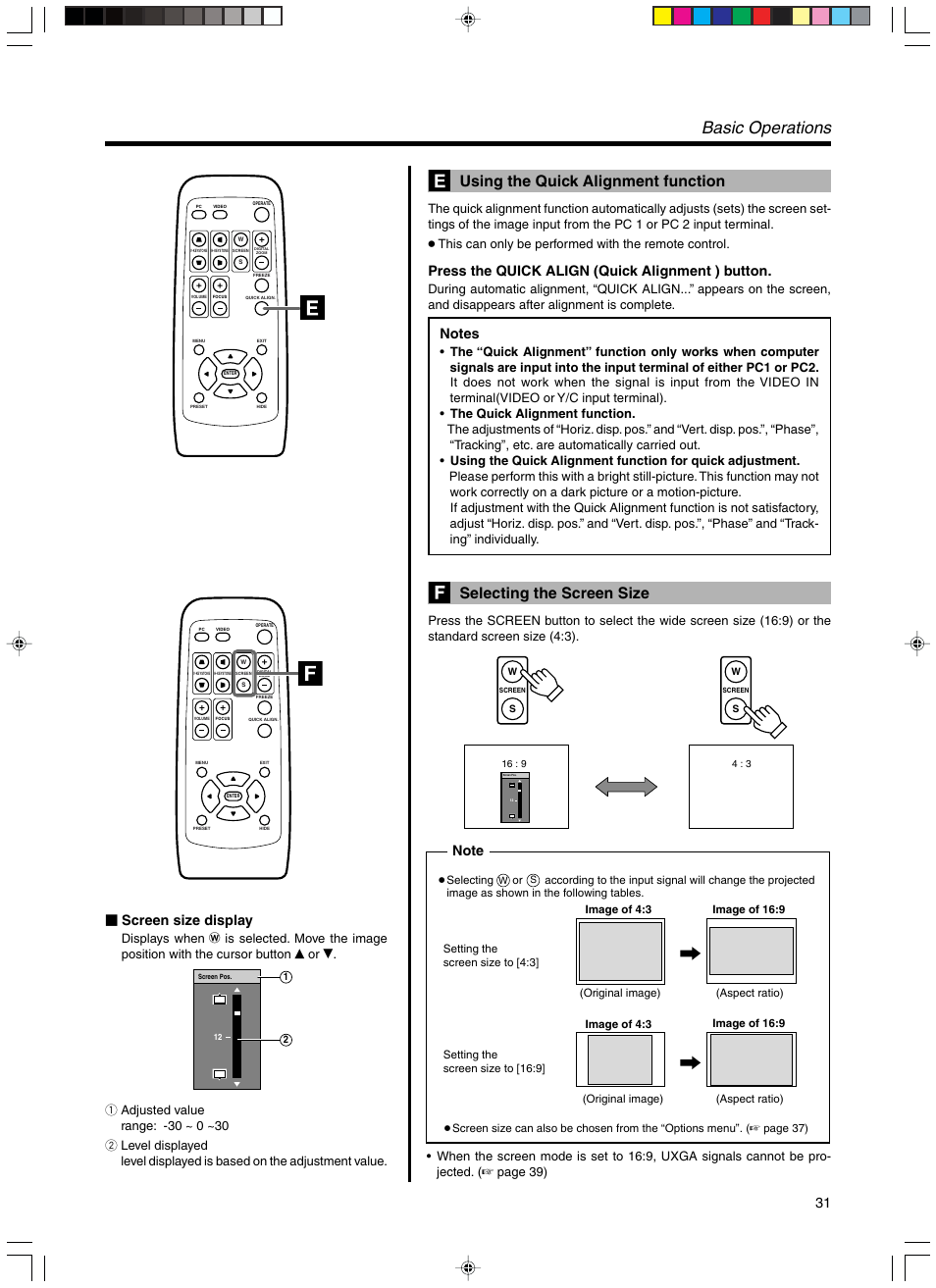 Using the quick alignment function, Selecting the screen size, Basic operations | Press the quick align (quick alignment ) button, Screen size display | RCA DLA-SX21U User Manual | Page 31 / 58