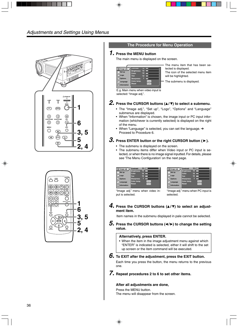 The procedure for menu operation, Adjustments and settings using menus, Press the menu button | Press the cursor buttons, Press enter button or the right cursor button, Alternatively, press enter | RCA DLA-SX21U User Manual | Page 36 / 58