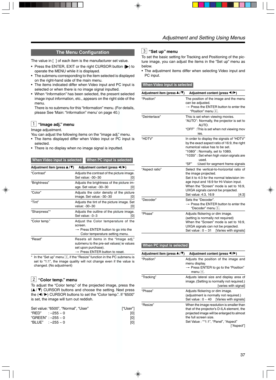 The menu configuration, “image adj.” menu, “color temp.” menu | “set up” menu, Adjustment and setting using menus | RCA DLA-SX21U User Manual | Page 37 / 58