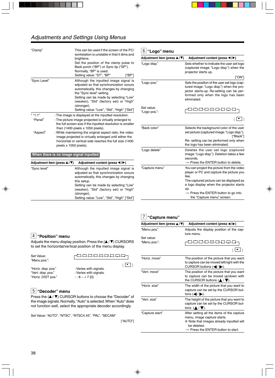 “position” menu, “decoder” menu, “logo” menu | “capture menu, Adjustments and settings using menus, Position” menu, Decoder” menu, Logo” menu, Capture menu | RCA DLA-SX21U User Manual | Page 38 / 58