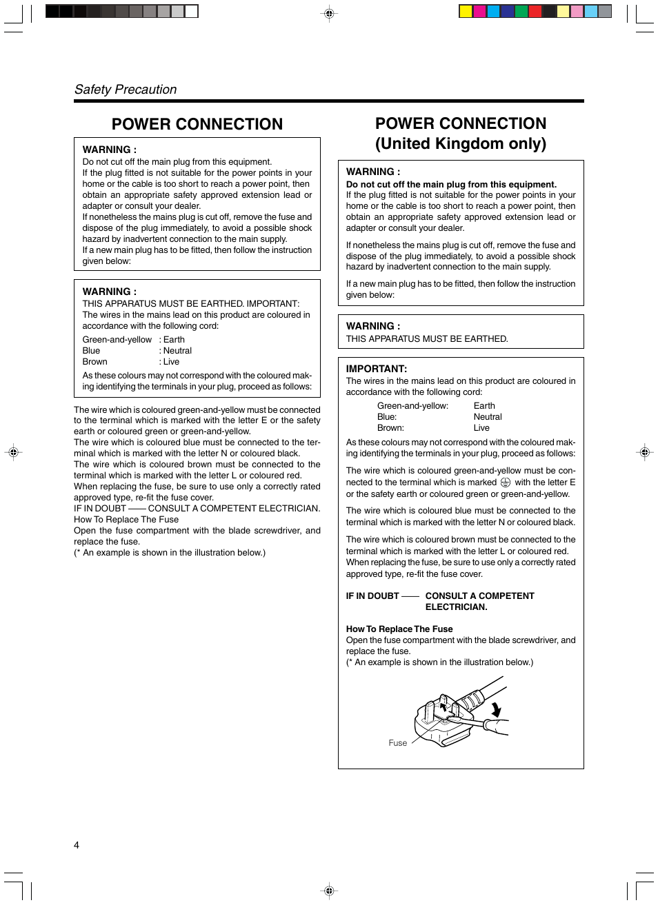 Power connection, Power connection (united kingdom only), Safety precaution | RCA DLA-SX21U User Manual | Page 4 / 58
