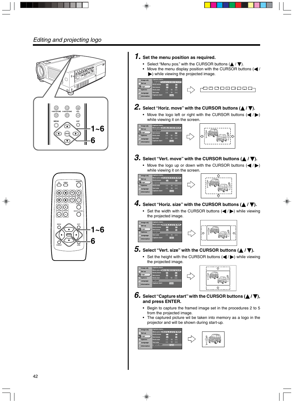 Editing and projecting logo, Set the menu position as required | RCA DLA-SX21U User Manual | Page 42 / 58
