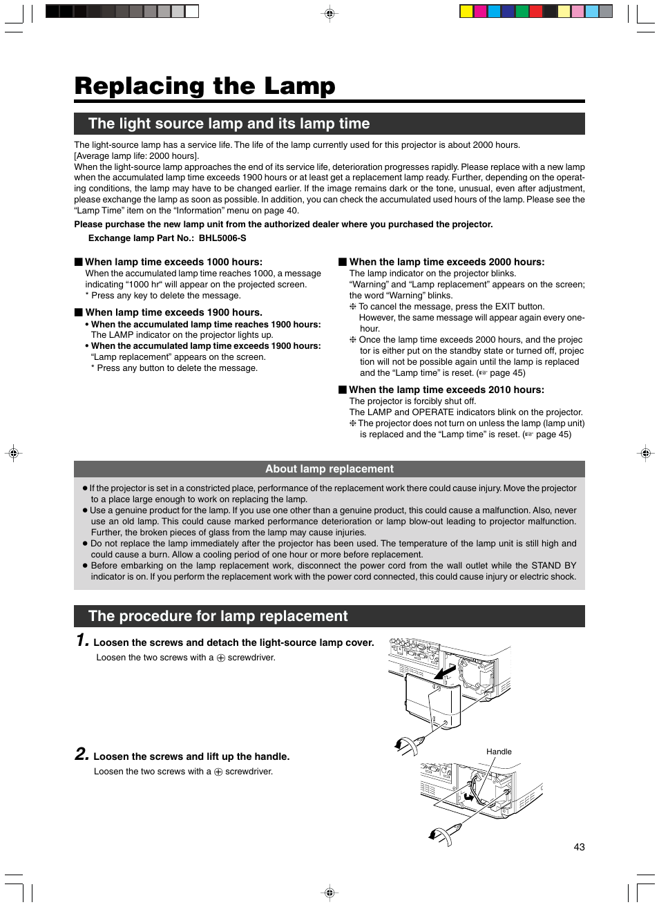 Replacing the lamp, The light source lamp and its lamp time, The procedure for lamp replacement | RCA DLA-SX21U User Manual | Page 43 / 58