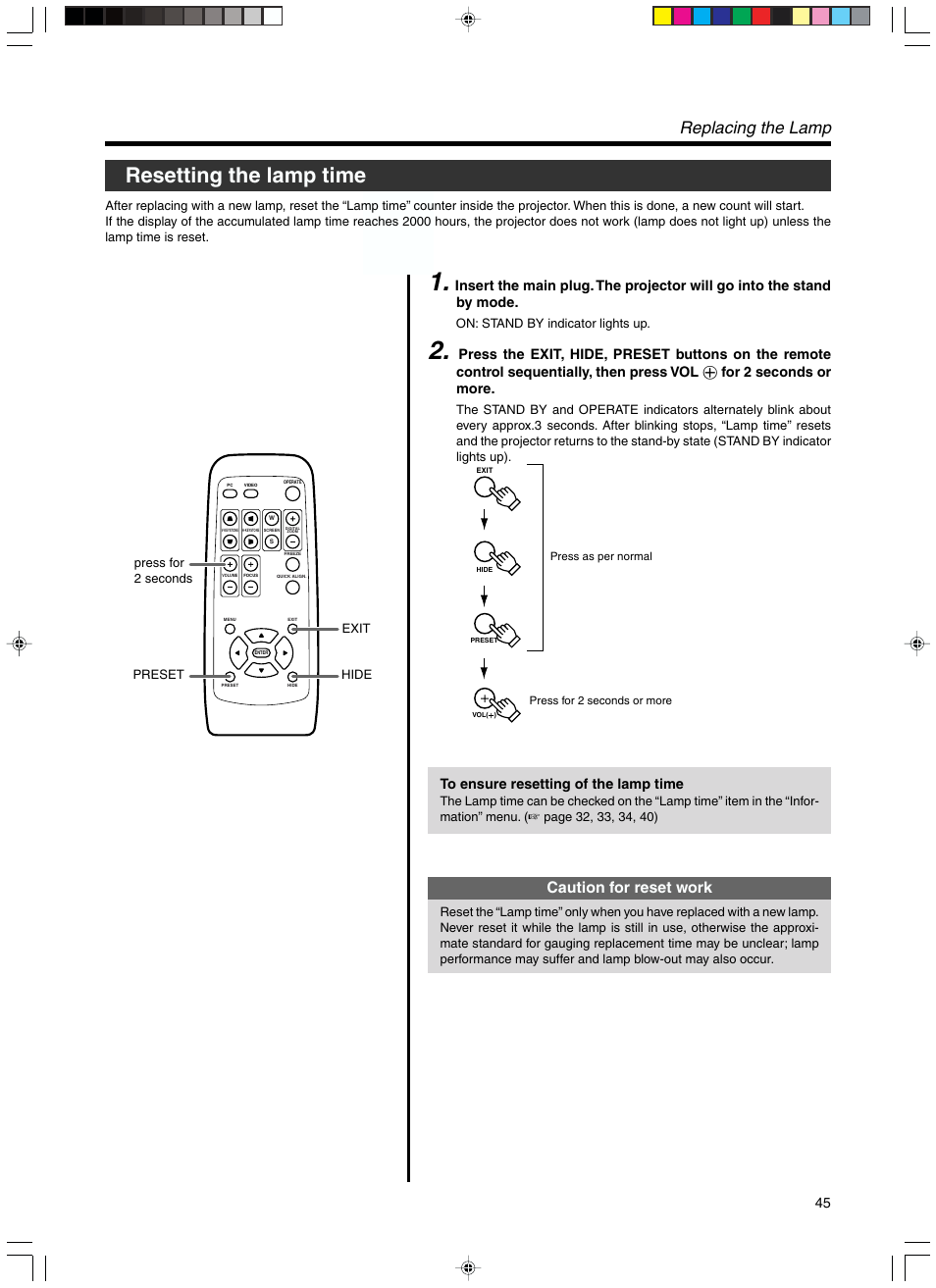 Resetting the lamp time, Replacing the lamp, Caution for reset work | For 2 seconds or more | RCA DLA-SX21U User Manual | Page 45 / 58