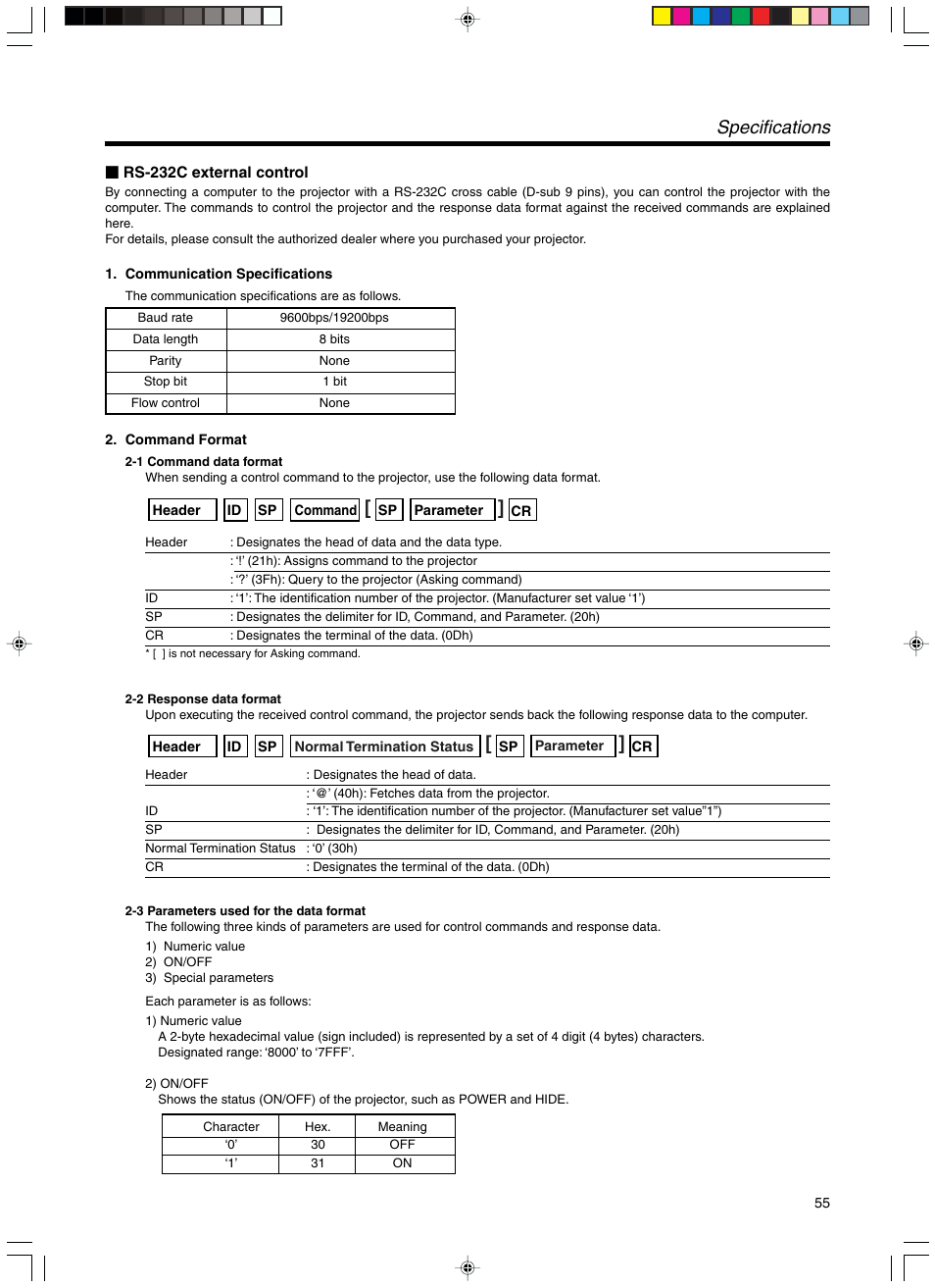 Rs-232c external control, Specifications | RCA DLA-SX21U User Manual | Page 55 / 58