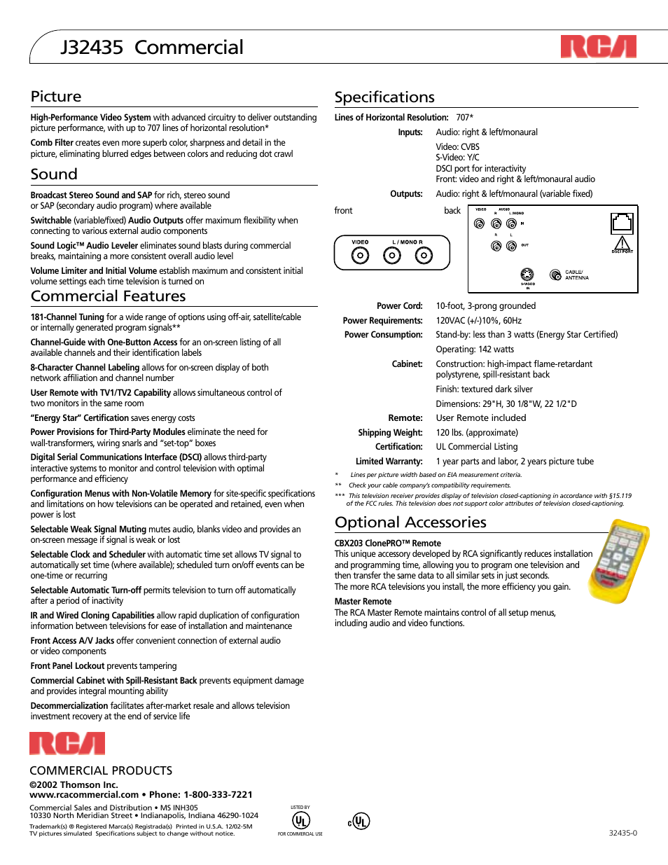 Specifications, Optional accessories, Picture | Sound, Commercial features, Commercial products | RCA J32435 User Manual | Page 2 / 2