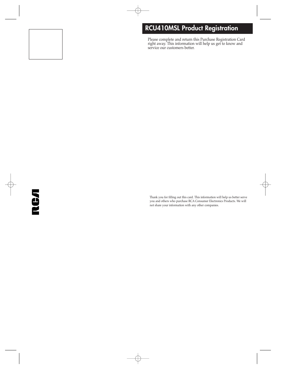 Inside card, Rcu410msl product registration | RCA RCU410MSL User Manual | Page 12 / 12