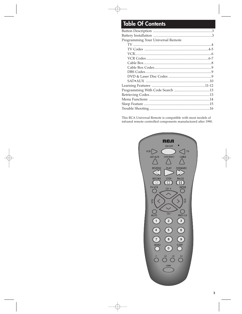 RCA RCU410MSL User Manual | Page 2 / 12