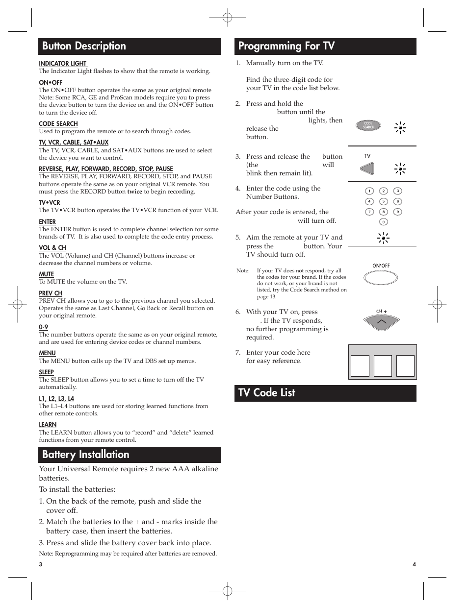 Programming for tv tv code list, Battery installation, Button description | RCA RCU410MSL User Manual | Page 3 / 12