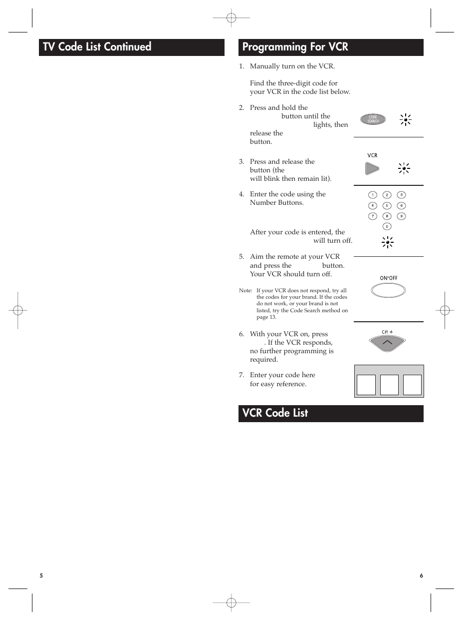 Tv code list continued, Vcr code list programming for vcr | RCA RCU410MSL User Manual | Page 4 / 12