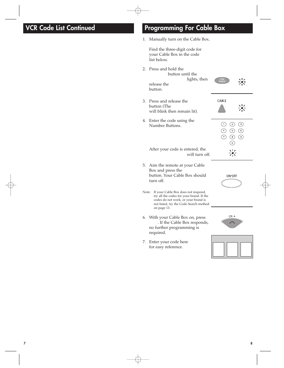 Vcr code list continued, Programming for cable box | RCA RCU410MSL User Manual | Page 5 / 12