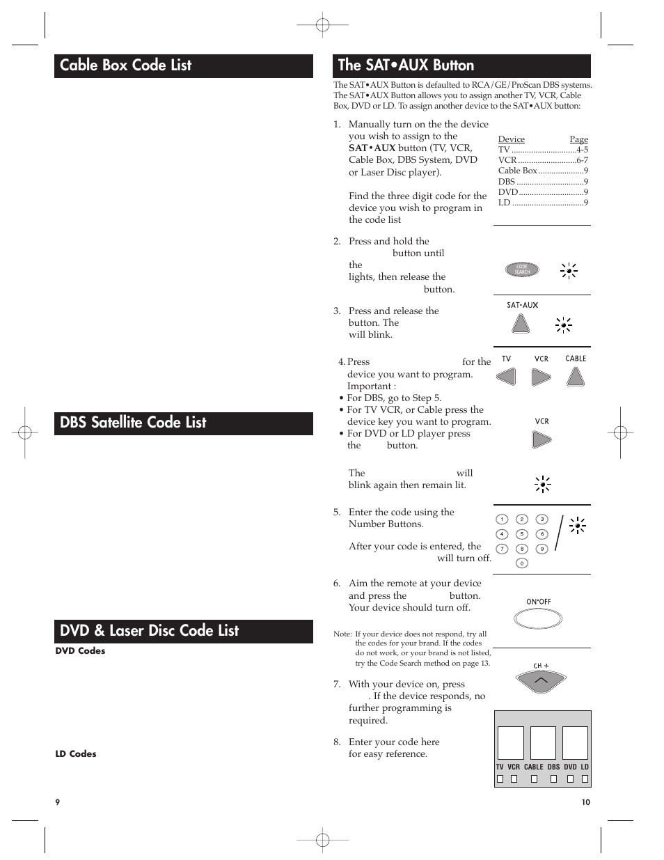 Cable box code list, Dbs satellite code list, The sat•aux button | Dvd & laser disc code list | RCA RCU410MSL User Manual | Page 6 / 12