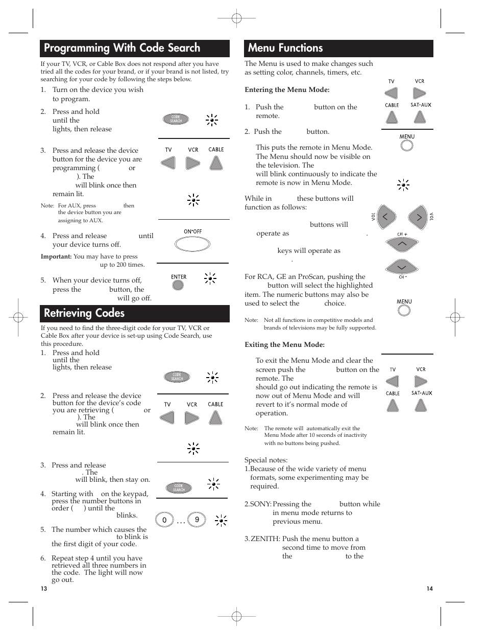 Programming with code search, Retrieving codes, Menu functions | RCA RCU410MSL User Manual | Page 8 / 12