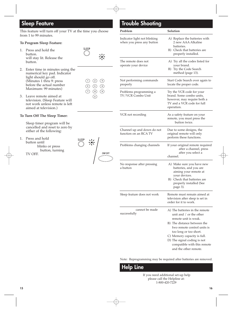 Trouble shooting help line, Sleep feature | RCA RCU410MSL User Manual | Page 9 / 12