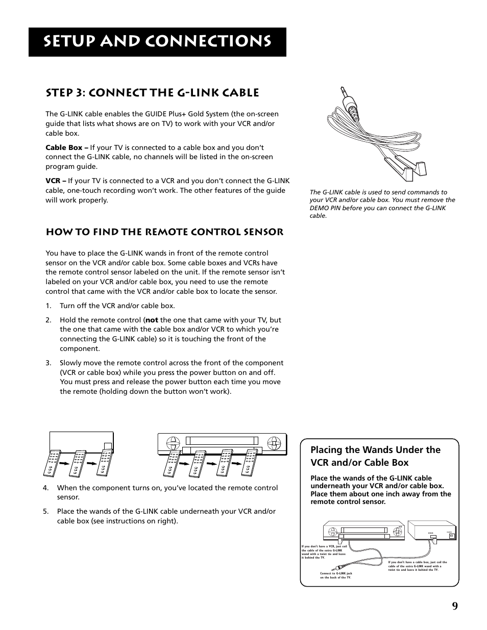 Setup and connections, Step 3: connect the g-link cable, How to find the remote control sensor | Placing the wands under the vcr and/or cable box | RCA F36715 User Manual | Page 11 / 64