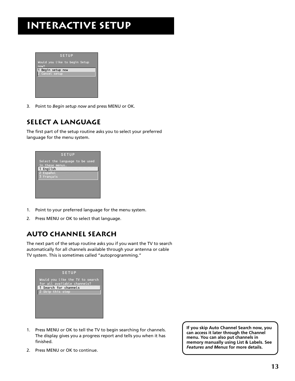 Interactive setup, Select a language, Auto channel search | RCA F36715 User Manual | Page 15 / 64