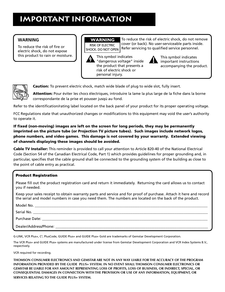 Important information | RCA F36715 User Manual | Page 2 / 64
