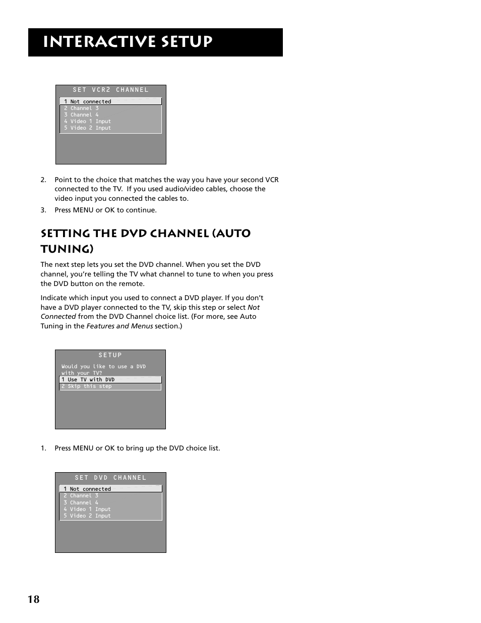 Interactive setup, Setting the dvd channel (auto tuning) | RCA F36715 User Manual | Page 20 / 64