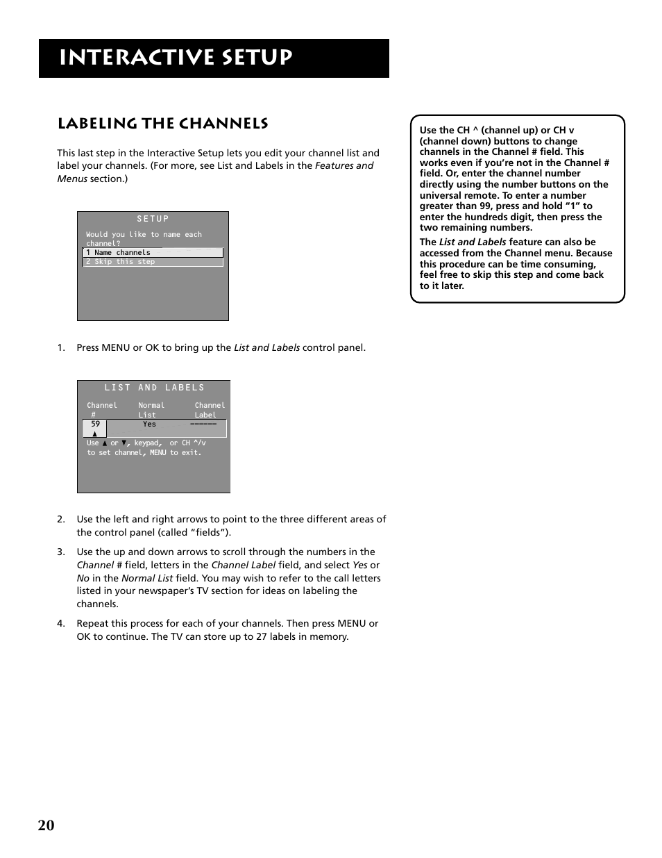 Interactive setup, Labeling the channels | RCA F36715 User Manual | Page 22 / 64
