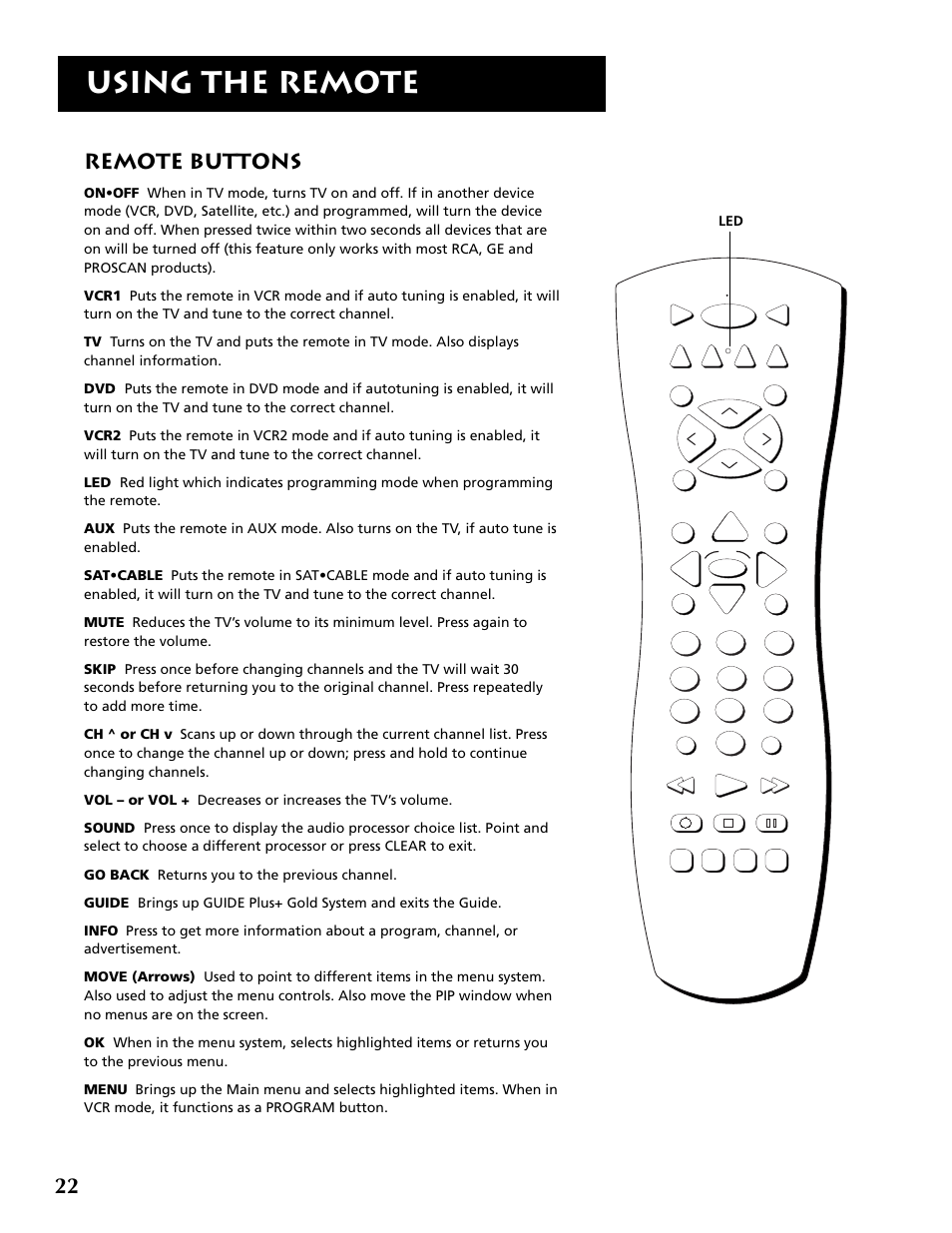 Using the remote, Remote buttons | RCA F36715 User Manual | Page 24 / 64