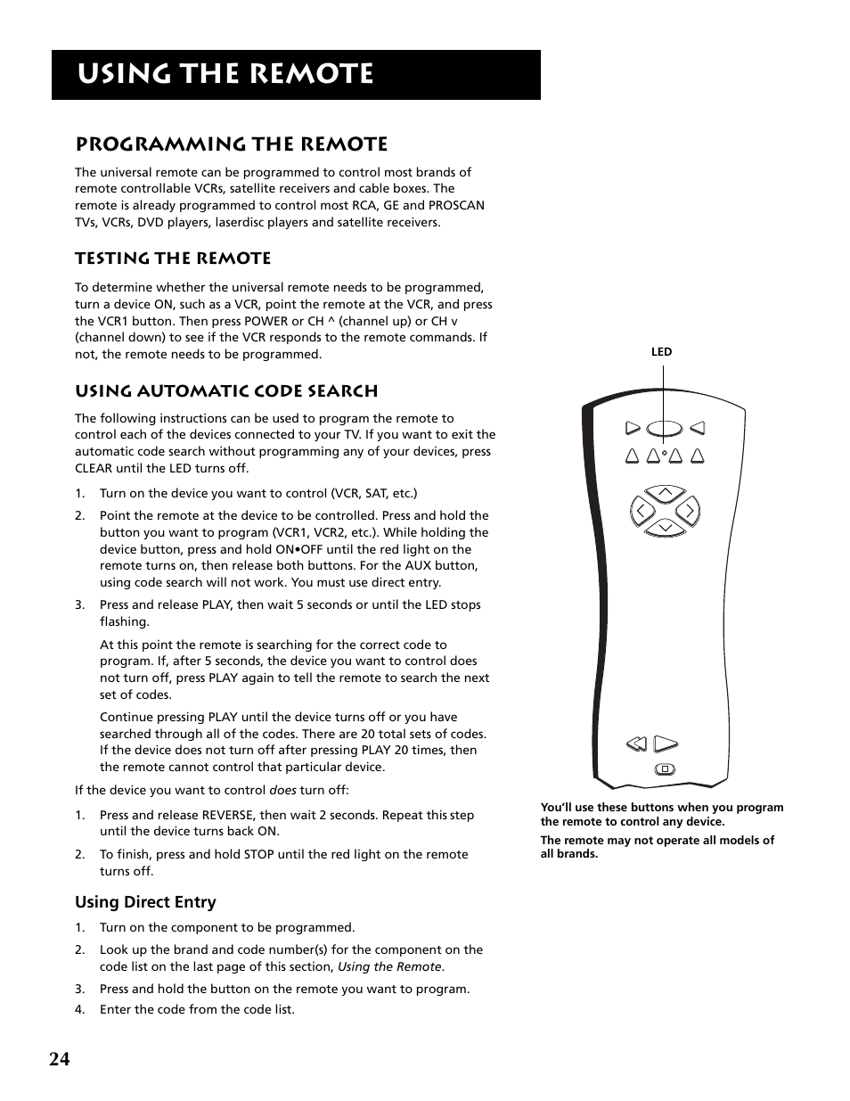 Using the remote, Programming the remote, Testing the remote | Using automatic code search, Using direct entry | RCA F36715 User Manual | Page 26 / 64