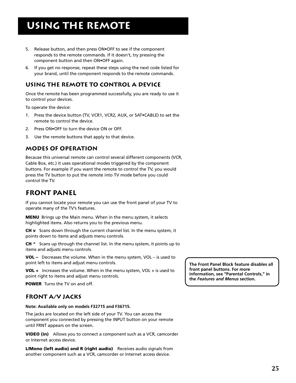 Using the remote, Front panel | RCA F36715 User Manual | Page 27 / 64