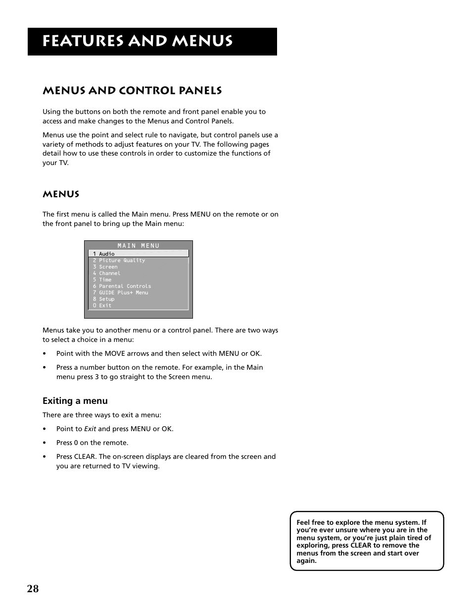 Features and menus, Menus and control panels | RCA F36715 User Manual | Page 30 / 64