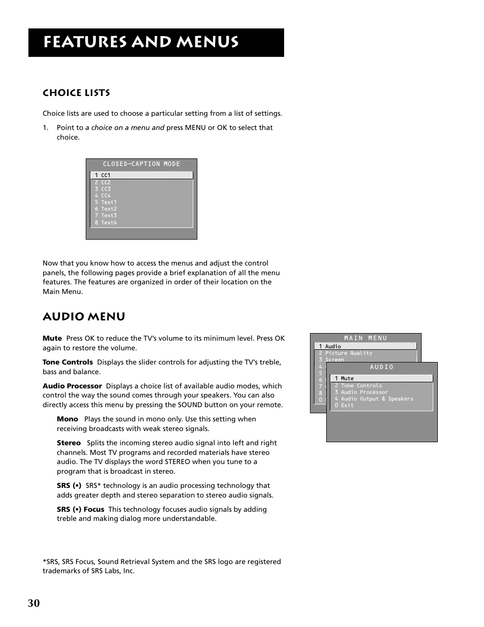 Features and menus, Audio menu | RCA F36715 User Manual | Page 32 / 64