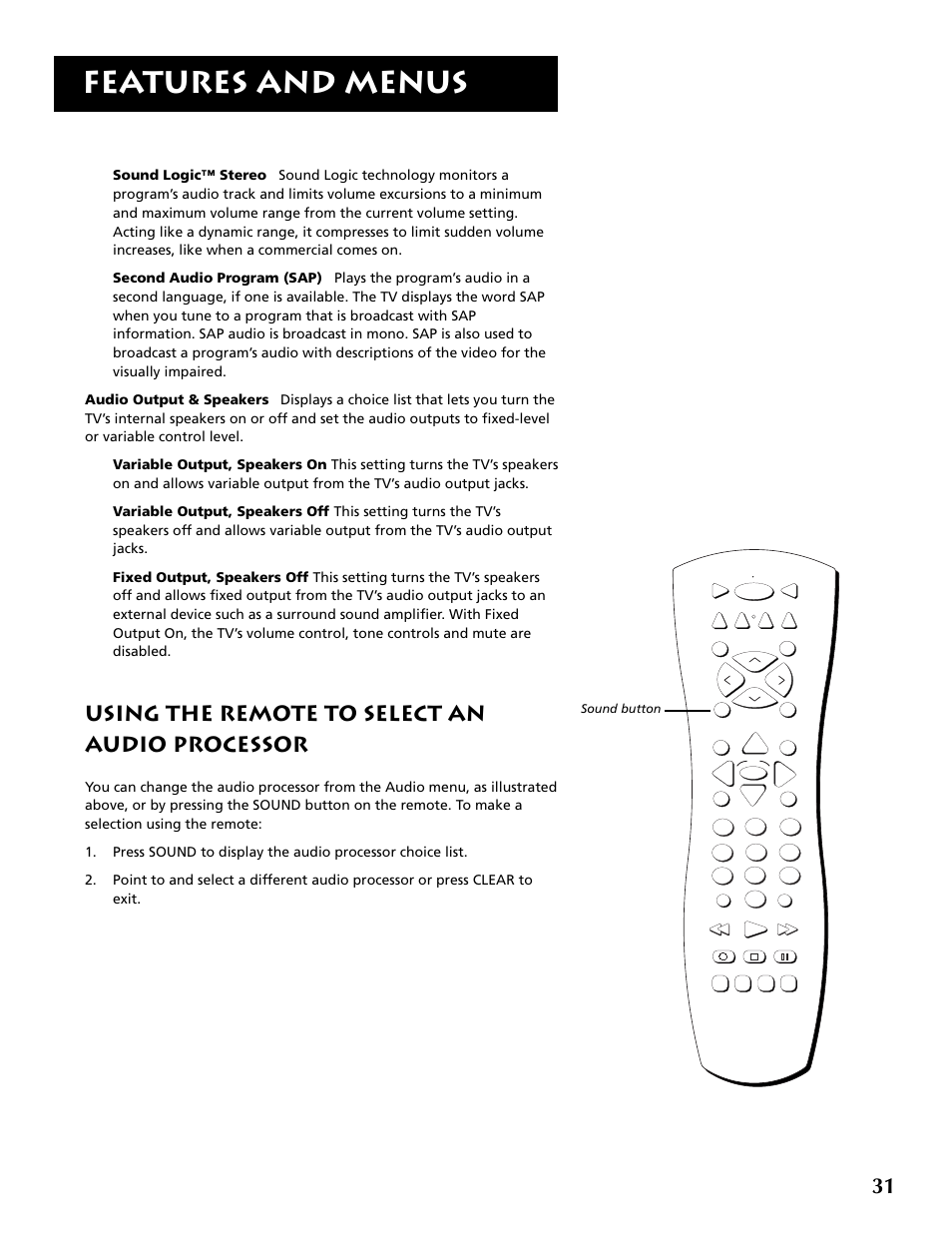Features and menus, Using the remote to select an audio processor | RCA F36715 User Manual | Page 33 / 64