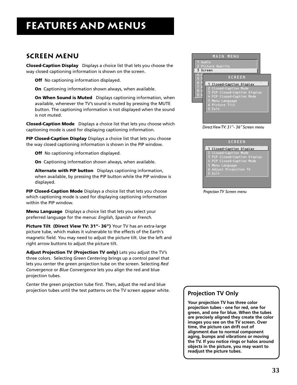 Features and menus, Screen menu, Projection tv only | RCA F36715 User Manual | Page 35 / 64