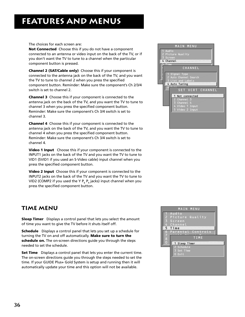 Features and menus, Time menu | RCA F36715 User Manual | Page 38 / 64