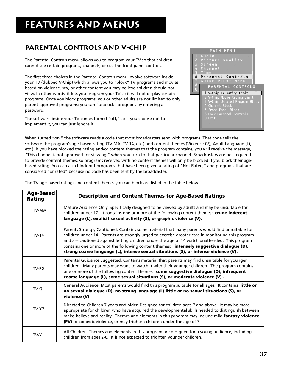 Features and menus, Parental controls and v-chip | RCA F36715 User Manual | Page 39 / 64