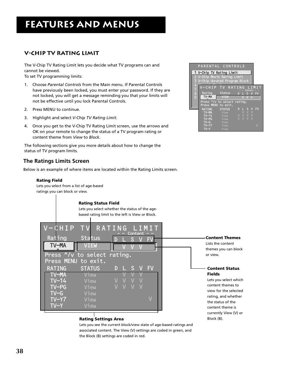 Features and menus, Rating status tv-ma view, Tv-14 | Tv-pg, Tv-g, Tv-y7, Tv-y, View, V-chip tv rating limit, The ratings limits screen | RCA F36715 User Manual | Page 40 / 64
