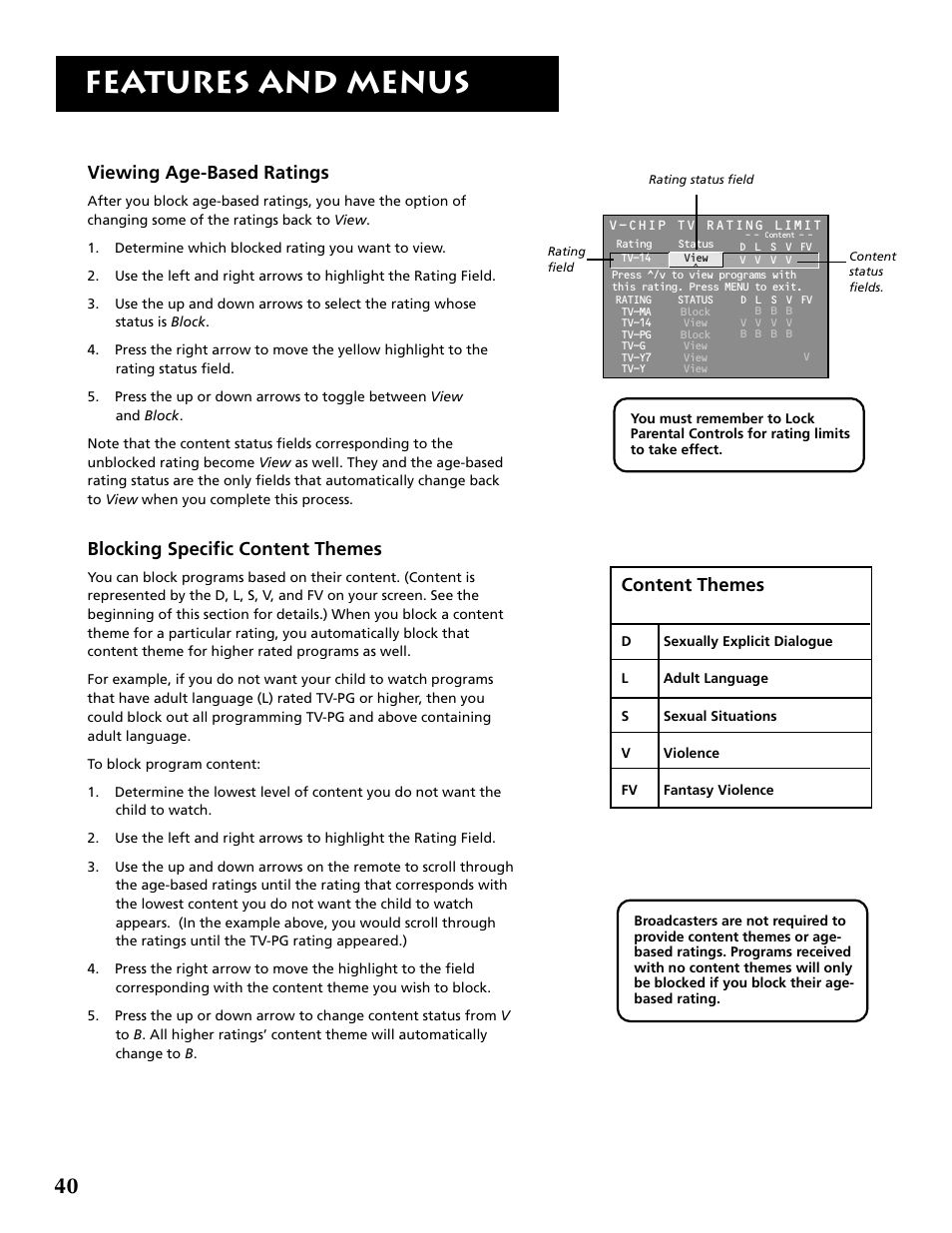 Features and menus, Viewing age-based ratings, Blocking specific content themes | Content themes | RCA F36715 User Manual | Page 42 / 64