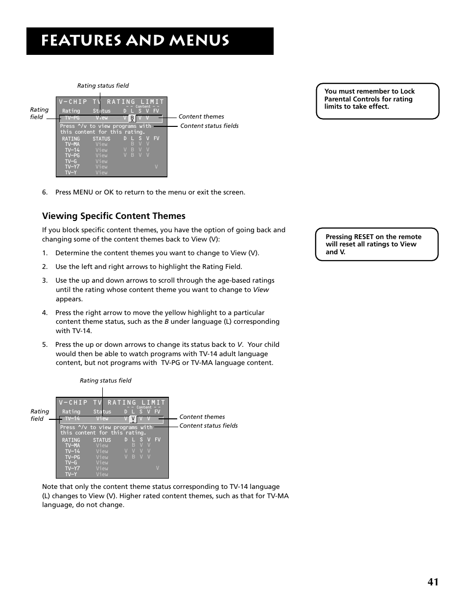 Features and menus, Viewing specific content themes | RCA F36715 User Manual | Page 43 / 64