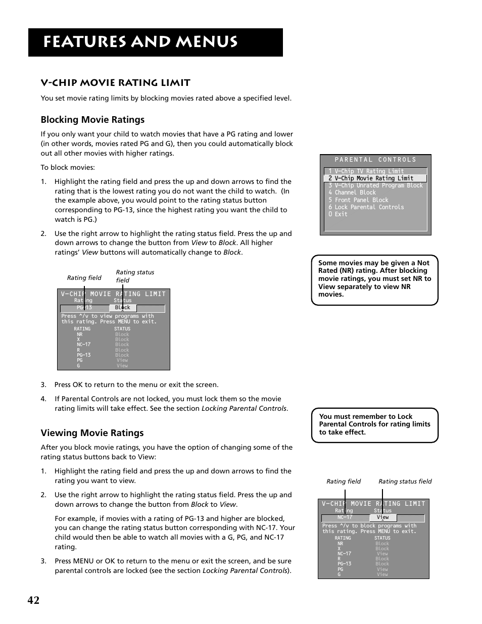 Features and menus, V-chip movie rating limit, Blocking movie ratings | Viewing movie ratings | RCA F36715 User Manual | Page 44 / 64