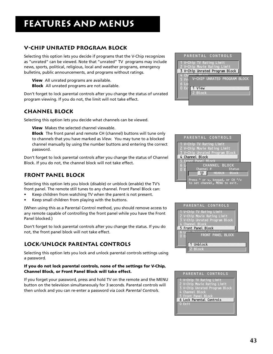 Features and menus, V-chip unrated program block, Channel block | Front panel block, Lock/unlock parental controls | RCA F36715 User Manual | Page 45 / 64