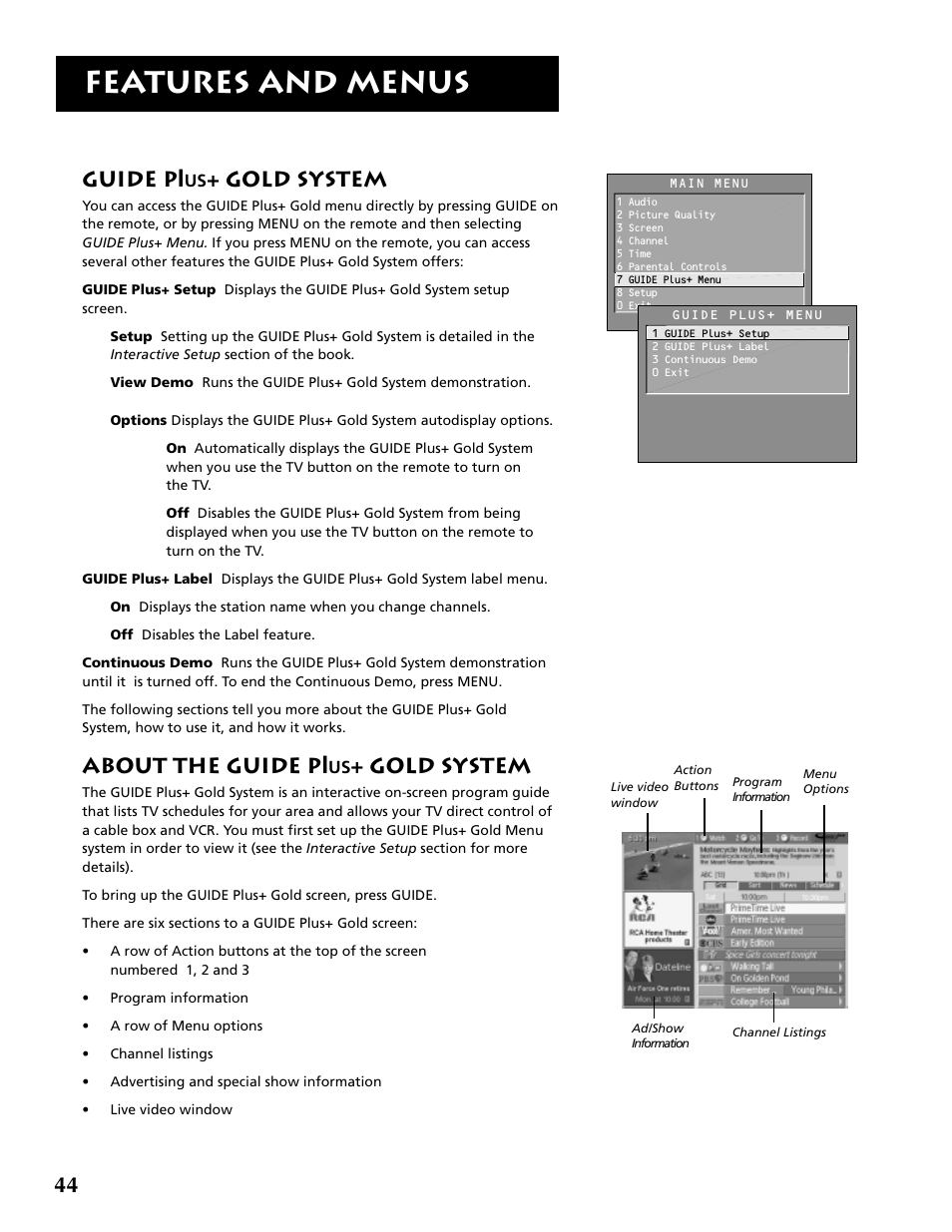 Features and menus, Guide p, Gold system | About the guide p | RCA F36715 User Manual | Page 46 / 64